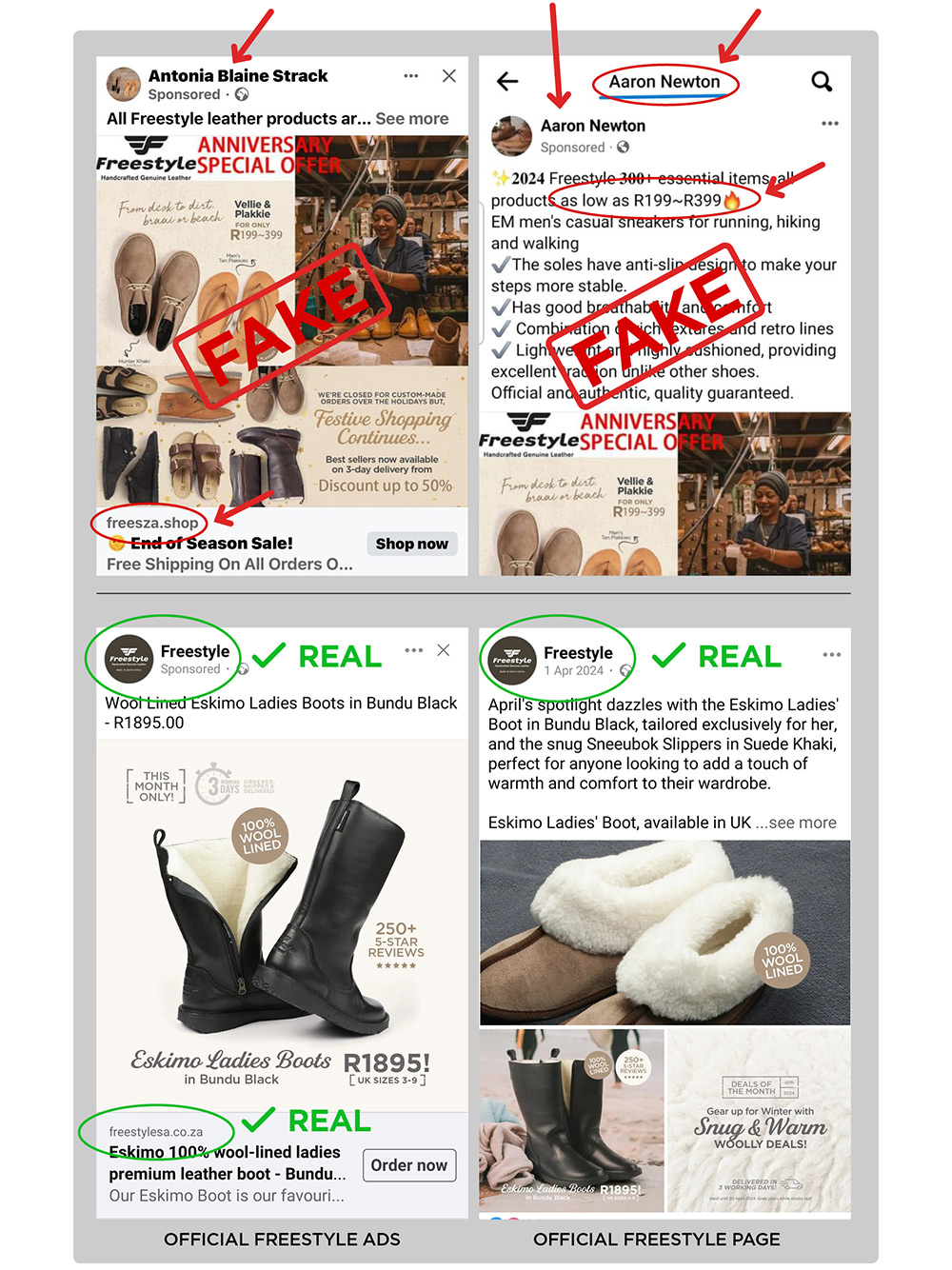 Fake ads vs real, official, Freestyle pages