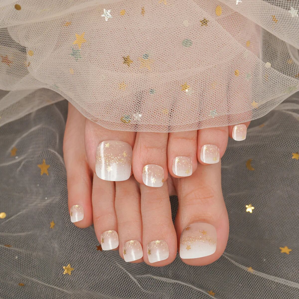 Starry Champagne Semi-Cured Gel Toe Nail Strips | Celestial Sparkle - 2564