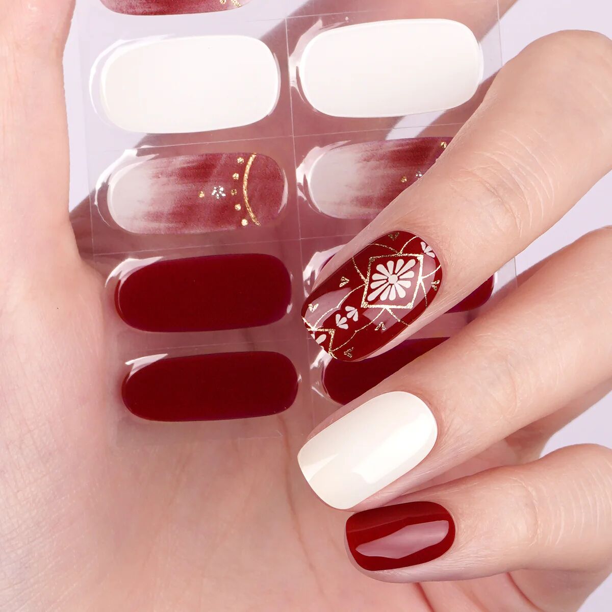 Elegant Burgundy Floral Semi-Cured Gel Nail Strips | Flower Blaze - 2604