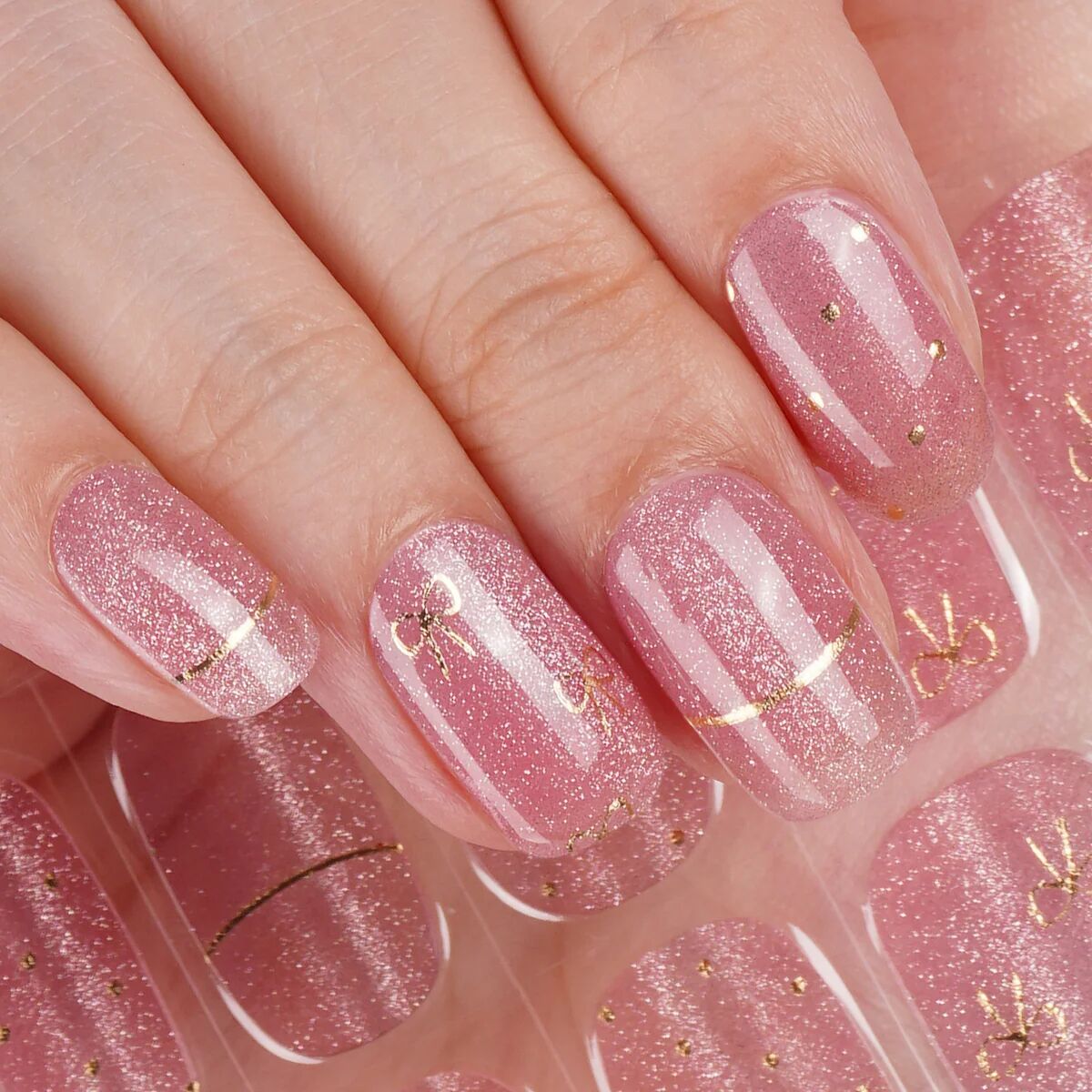 Elegant Pink Glitter Semi Cured Gel Nail Strips with Gold Accents | Royal Charm - 2635